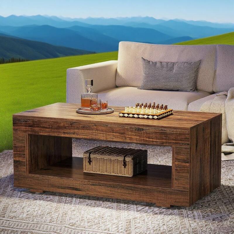 Brown Rectangular Coffee Table with Open Shelf and Smooth Wood Finish for Living Room or Office - 43.31" x 19.69"