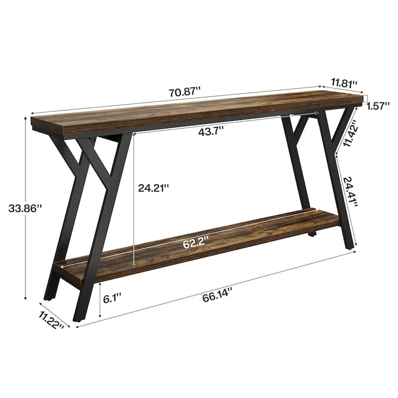 Industrial Sofa Table Behind Couch with 2-tier Storage Shelf for Hallway