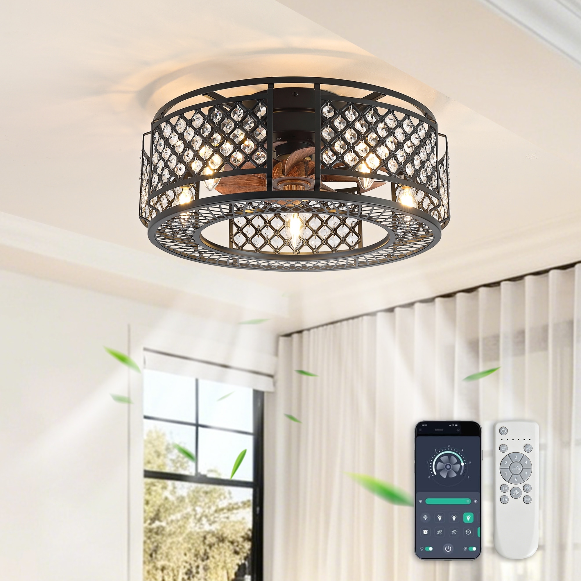 19.3" Industrial Black Caged Ceiling Fan with Lights and Remote Control, Modern Flush Mount Crystal Ceiling Fan