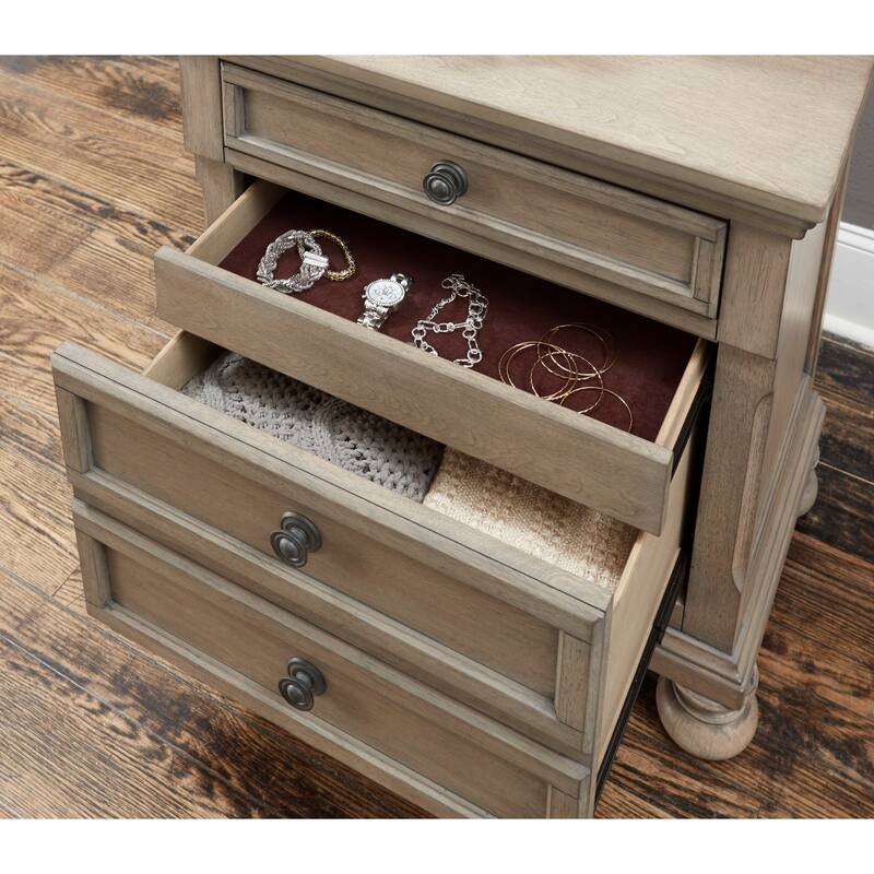 Transitional Bedroom Nightstand with Hidden Drawer Wire Brushed Birch Veneer Wood Bed Side Table - Grey