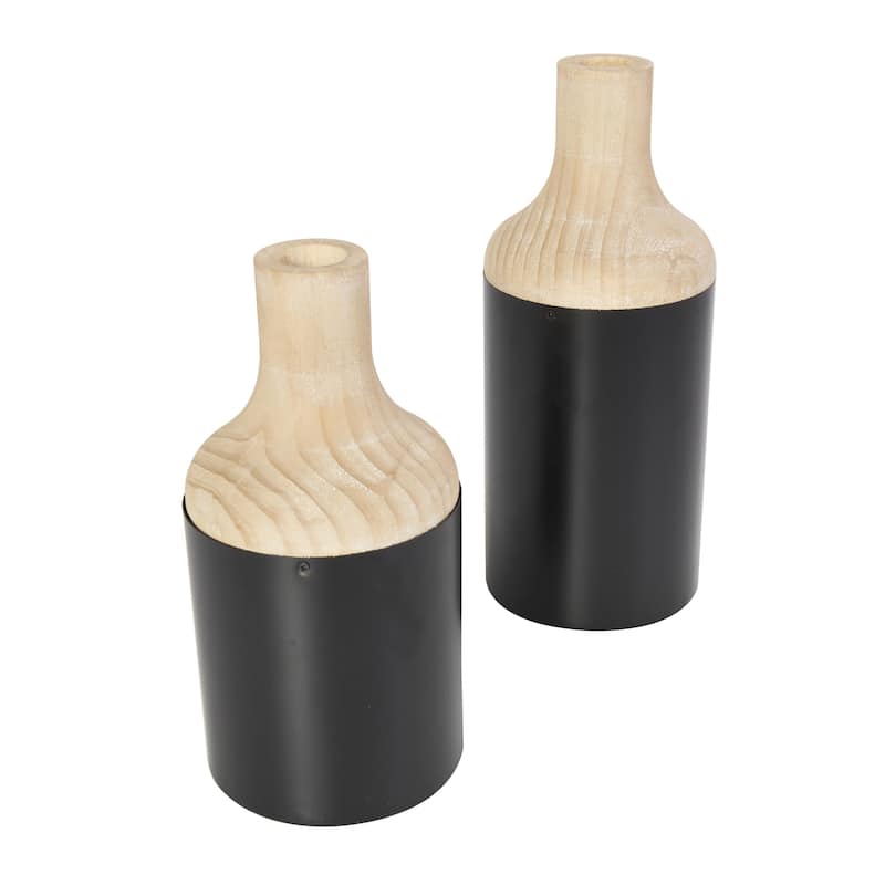 Wood Colorblock Decorative Vase with Light Brown Wood Tops - Set of 2 Black - Roche River Decor