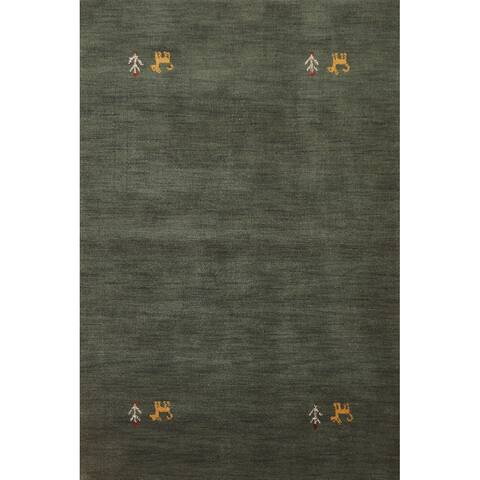 Tribal Green Gabbeh Oriental Area Rug Handmade Solid Wool Carpet - 3'9" x 5'9"