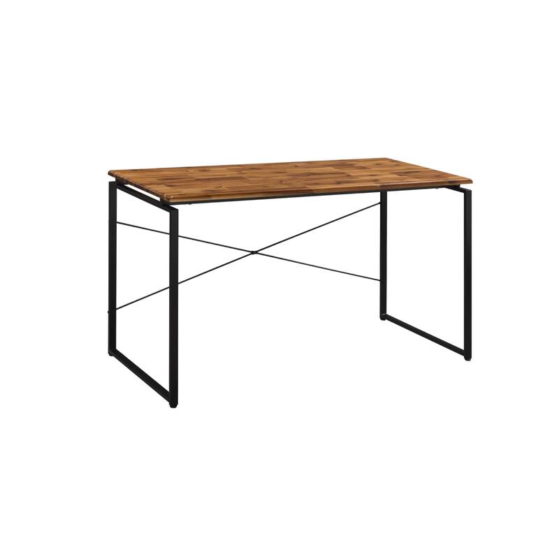 Wood Writing Desk with Black Metal Frame and Shelving - Brown-Black