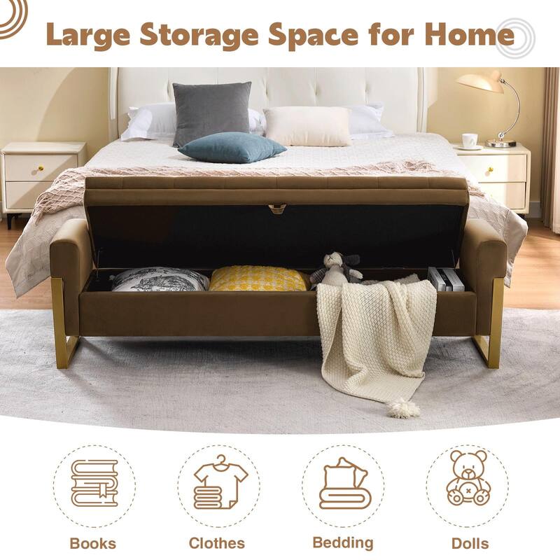 66" Storage Bench for Bedroom End of Bed with Single Lids and Gold Legs