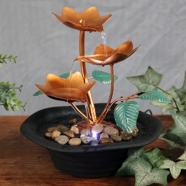 Sunnydaze Copper Blossom Cascading Tabletop Fountain with LED Light 10 Inch Tall