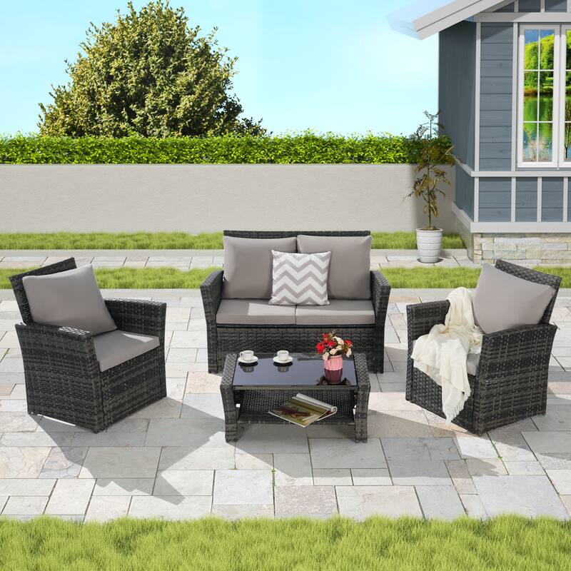 4 Piece Outdoor Rattan Conversation Furniture Sets, All Weather Patio Wicker Chair Set with Tempered Glass Coffee Table