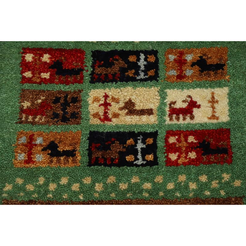 Hand Knotted Oriental 100% Wool Carpet Tribal Animal Pictorial Green Gabbeh Area Rug - 1' 4'' X 1' 4''