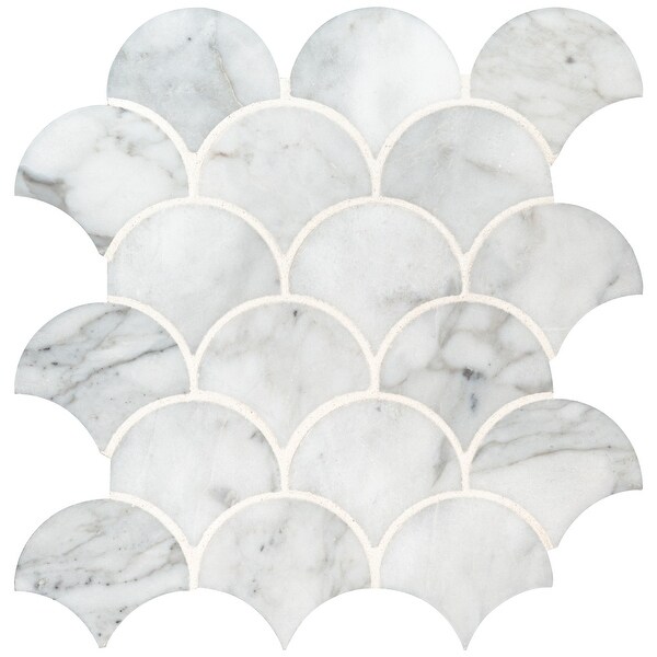 MSI SMOT-CAL-SCALOP10MM Calacatta Blanco - 12-13/16" x 10-7/16" Fan Mosaic Sheet - Polished Marble Visual - Sold by Carton (9.3