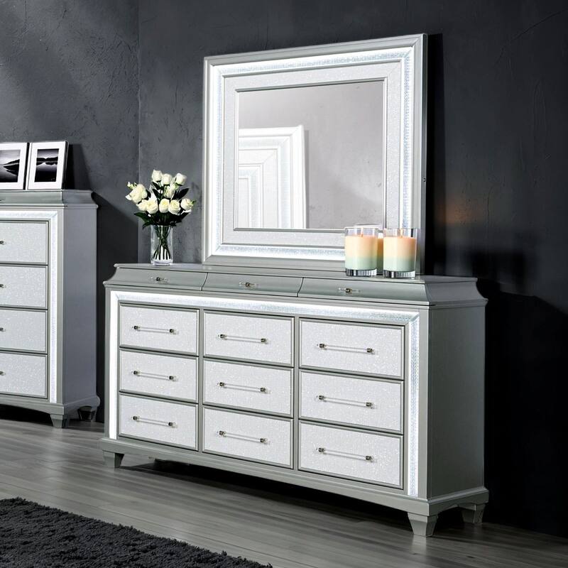 4pc Gray Glam Led Bedroom Set Bed Chest Dresser Mirror