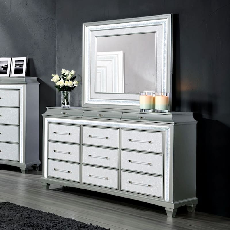 Contemporary Bedroom Set Grey Finish Bed Nightstand Dresser Mirror Chest