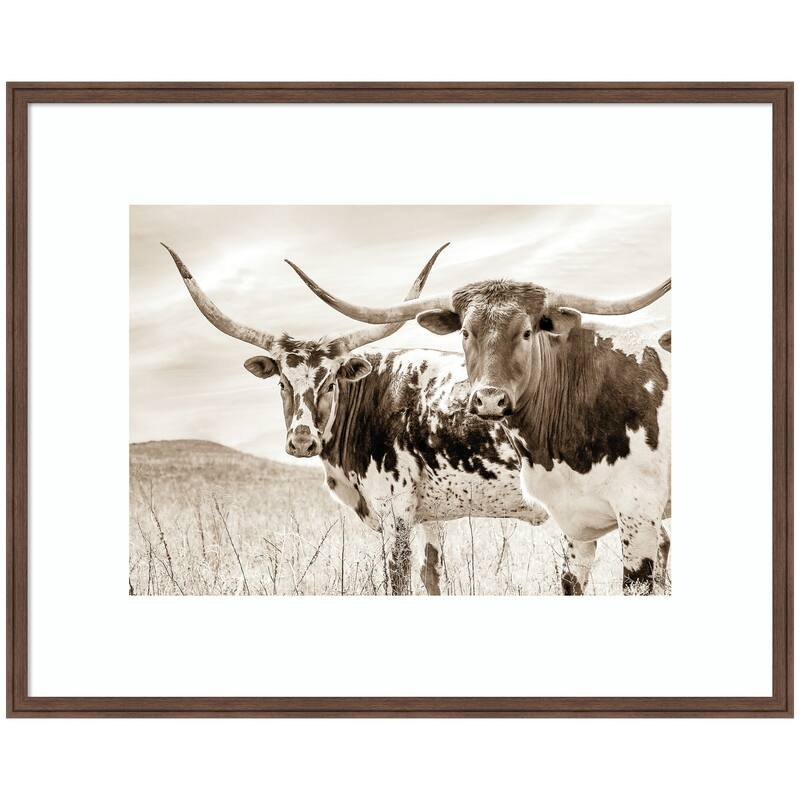 Kate and Laurel Sepia Texas Longhorn Cattle in Pasture by The Creative Bunch Studio Framed Wall Art Print - 42 x 34 - Brown
