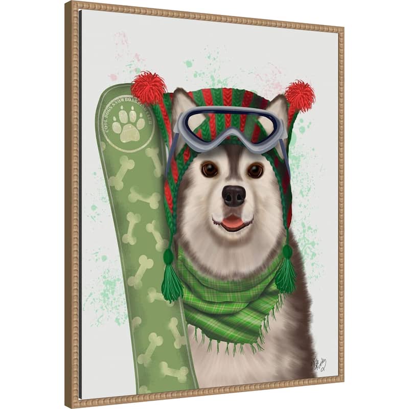 Husky Snowboard by Fab Funky (23 x 28 in.), Framed Canvas Wall Art Print - Sylvie Beaded Rustic Natural