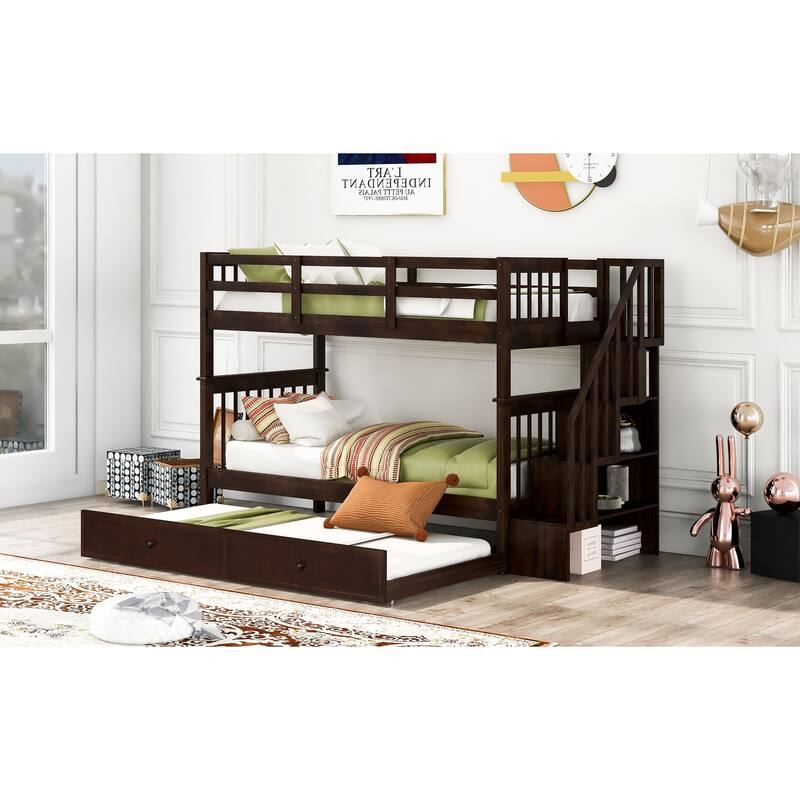 Twin-Over-Twin Bunk Bed with Trundle, Staircase Design with Storage Shelves, Solid Pine Frame, No Box Spring Needed
