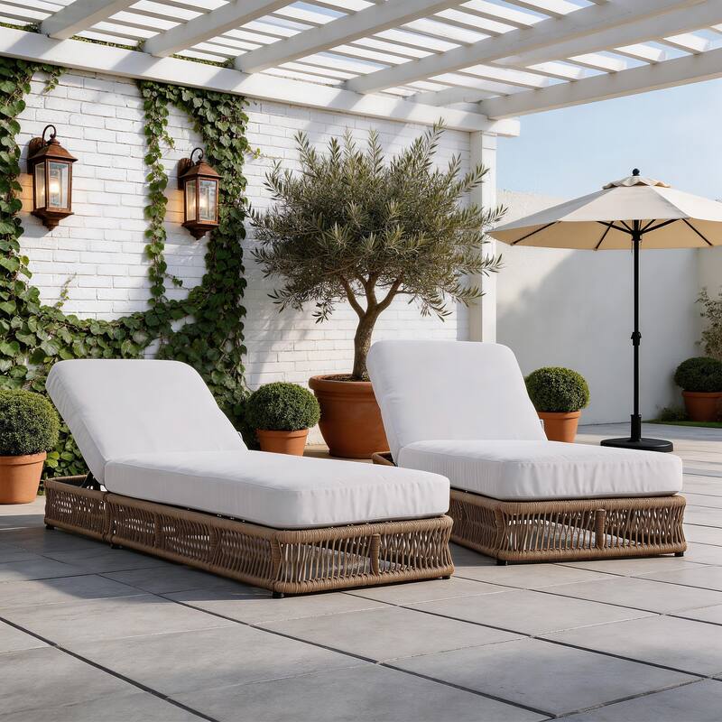 Set of 2 Woven Rattan Outdoor Chaise Lounge With Cushion - White/Brown Frame