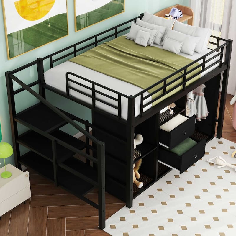 Full Metal Loft Bed w/Drawers, Storage Staircase&Small Wardrobe, Black ...