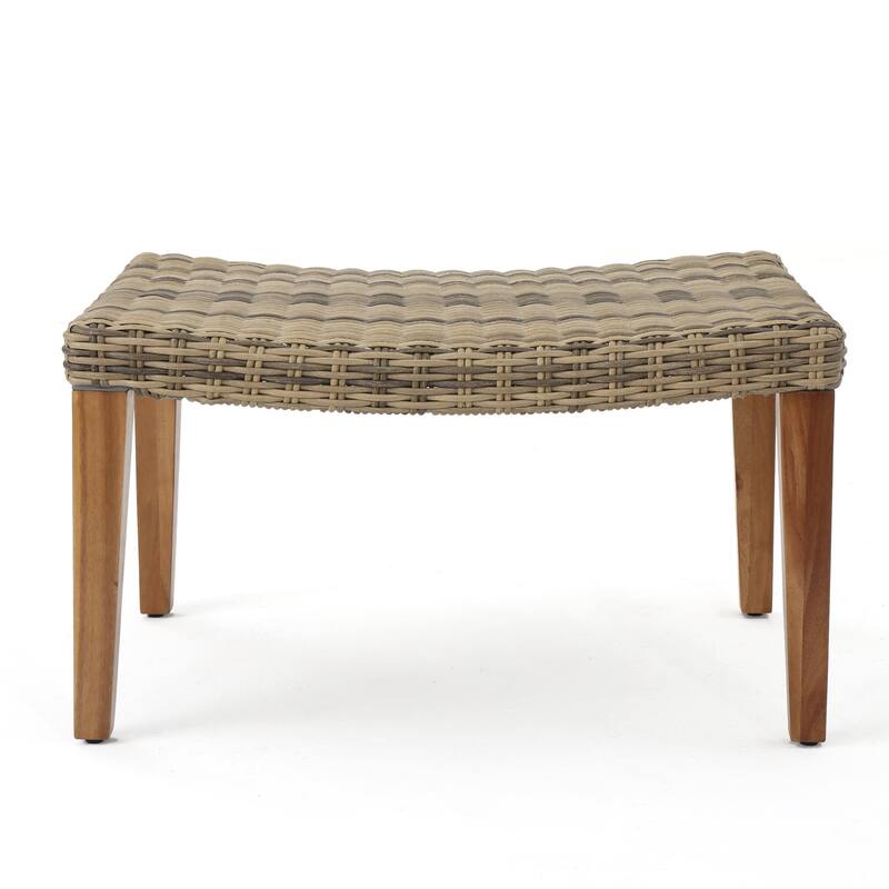 Bops Outdoor Ottoman, Gray Faux Rattan Wicker, Brown Acacia Wood