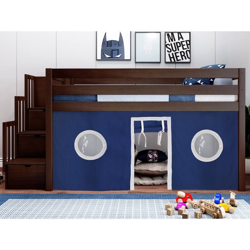 JACKPOT Contemporary Low Loft Twin Bed with 3 Step Stairway and Tent