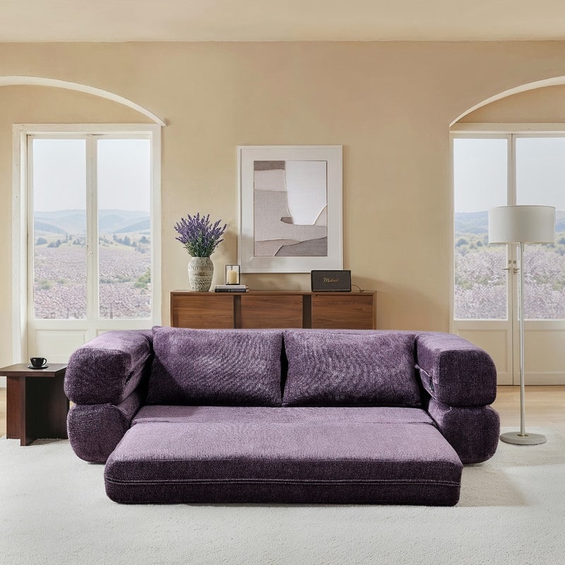 Modern Chenille Convertible Sofa Bed Queen Size Split Back Design