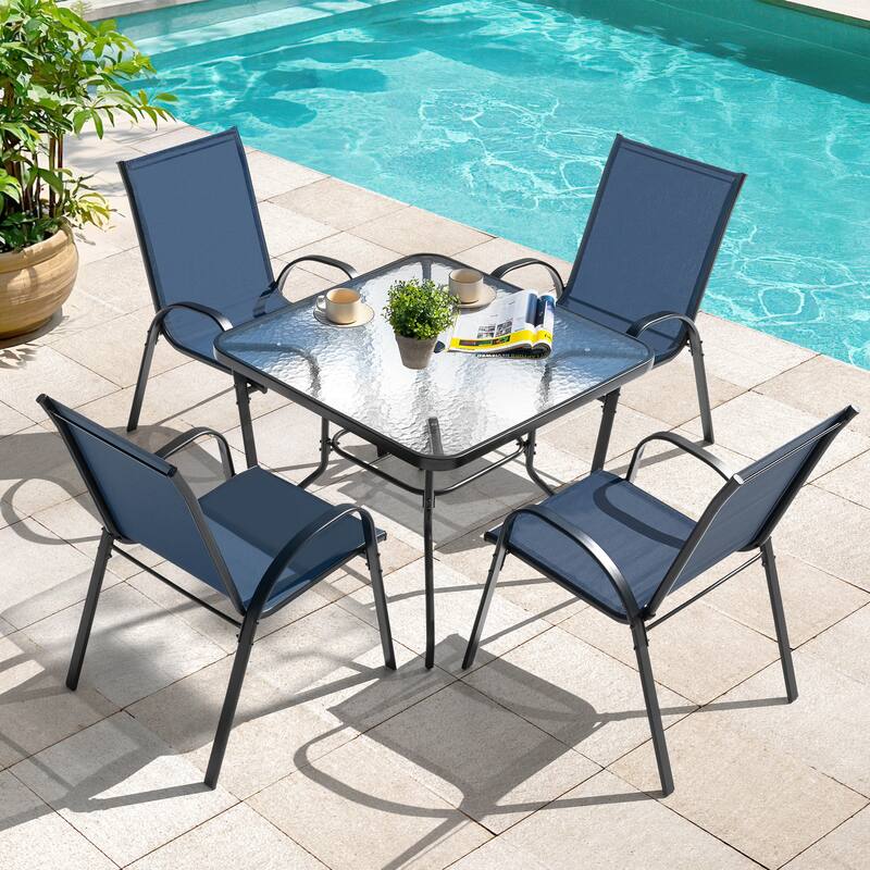 Square Metal Outdoor Dining Table with Umbrella Hole and Tempered Glass Tabletop, Black