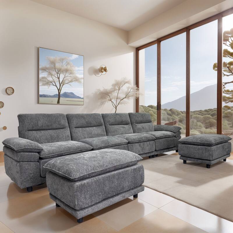 141'' Wide U-shaped 6-seat Sleeper Sofa, Dark Grey, Solid Wood