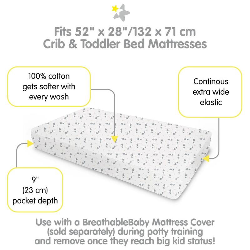BreathableBaby Cotton Percale Fitted Sheet, For 52" x 28"/132 x 71 cm Crib & Toddler Bed Mattress, Prints (2-Pack)