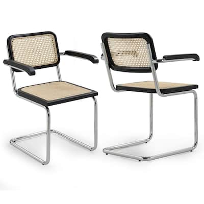 Set of 2 Barnard Black Wooden Dining Chair with Rattan Back and Chrome Legs