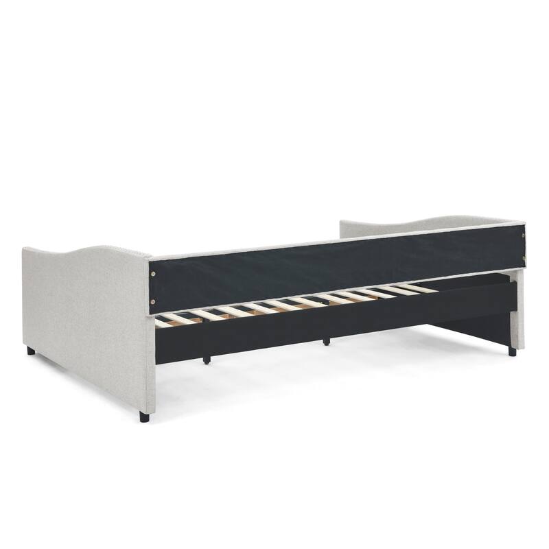 Linen Upholstered Daybed with 2 Drawers, Button-Tufted Backrest & Copper Nail Decoration