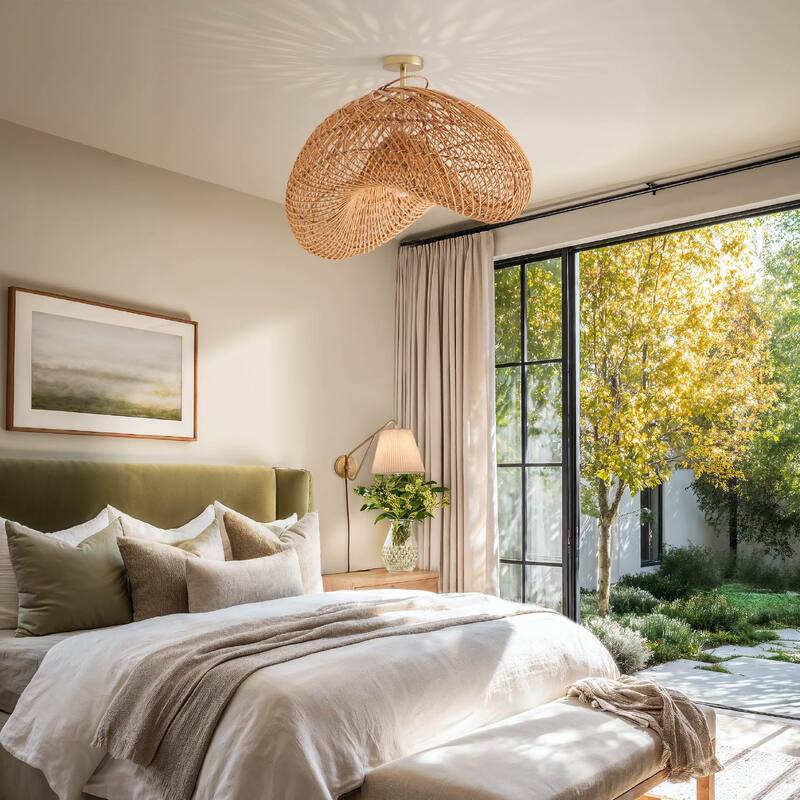 Sepherina Rattan Flush Mount - Rattan Natural 1-Light Handwoven Ceiling Light for Bedroom or Hallway in Modern, Farmhouse Style