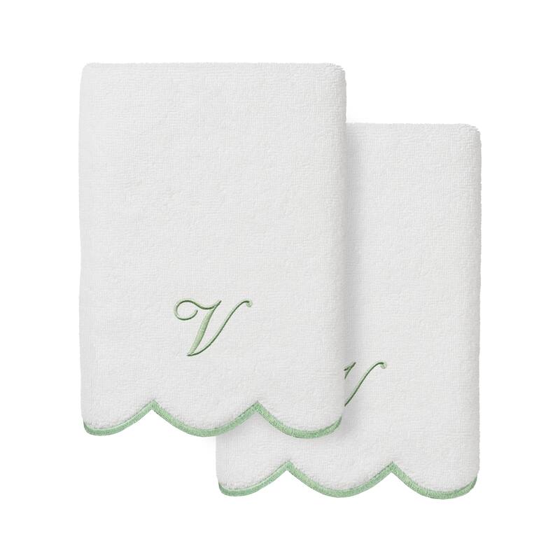 Authentic Hotel and Spa 100% Turkish Cotton Green ADORNIA Scallop Personalized 2 Piece Hand Towel Set - 2 Hand Towels - V