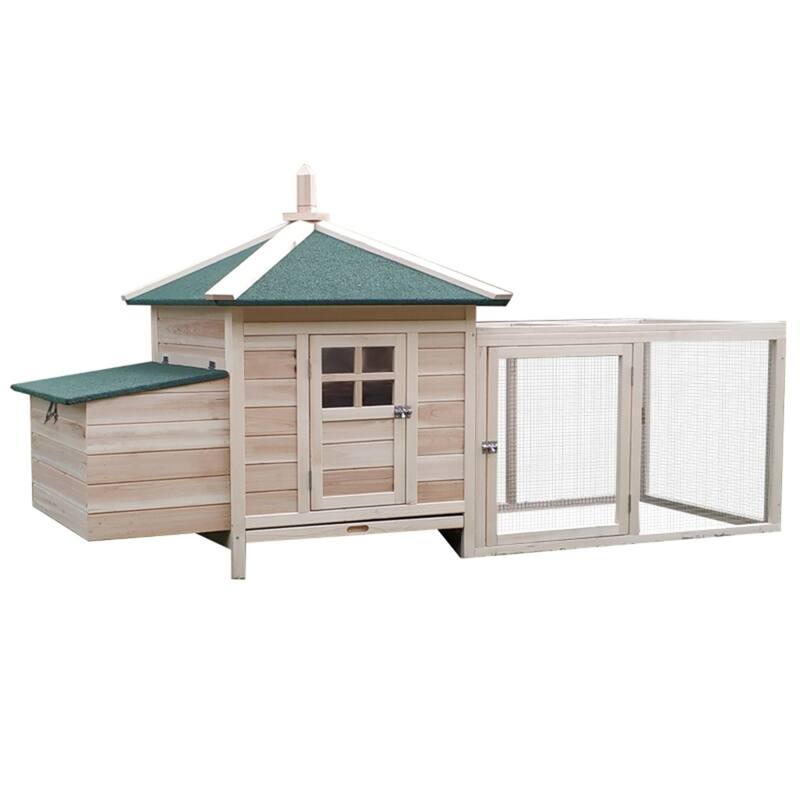 Pine Wood Hen House Coop with Nest Box and Run - 77.25" L x 30" W x 38.25" H - Natural
