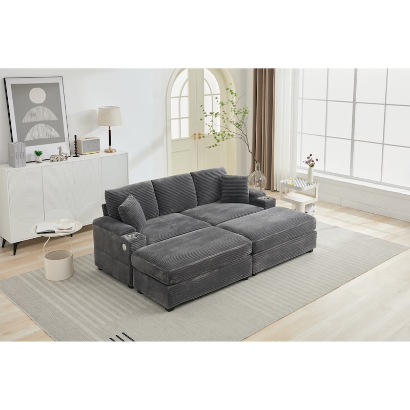 Modular Convertible Sectional Sofa with 2 Ottomans, 2 Seaters Corduroy Arms Couch, Loveseat Sofa with Cup Holders & USB Ports