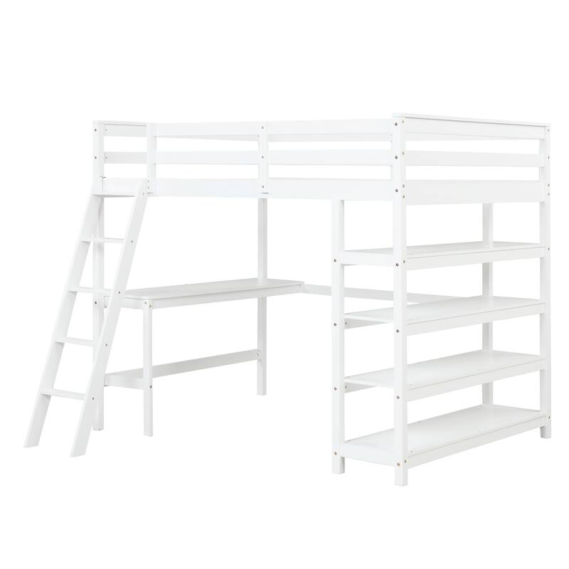 Loft Bed Full with Storage Desk Ladder and Shelves White