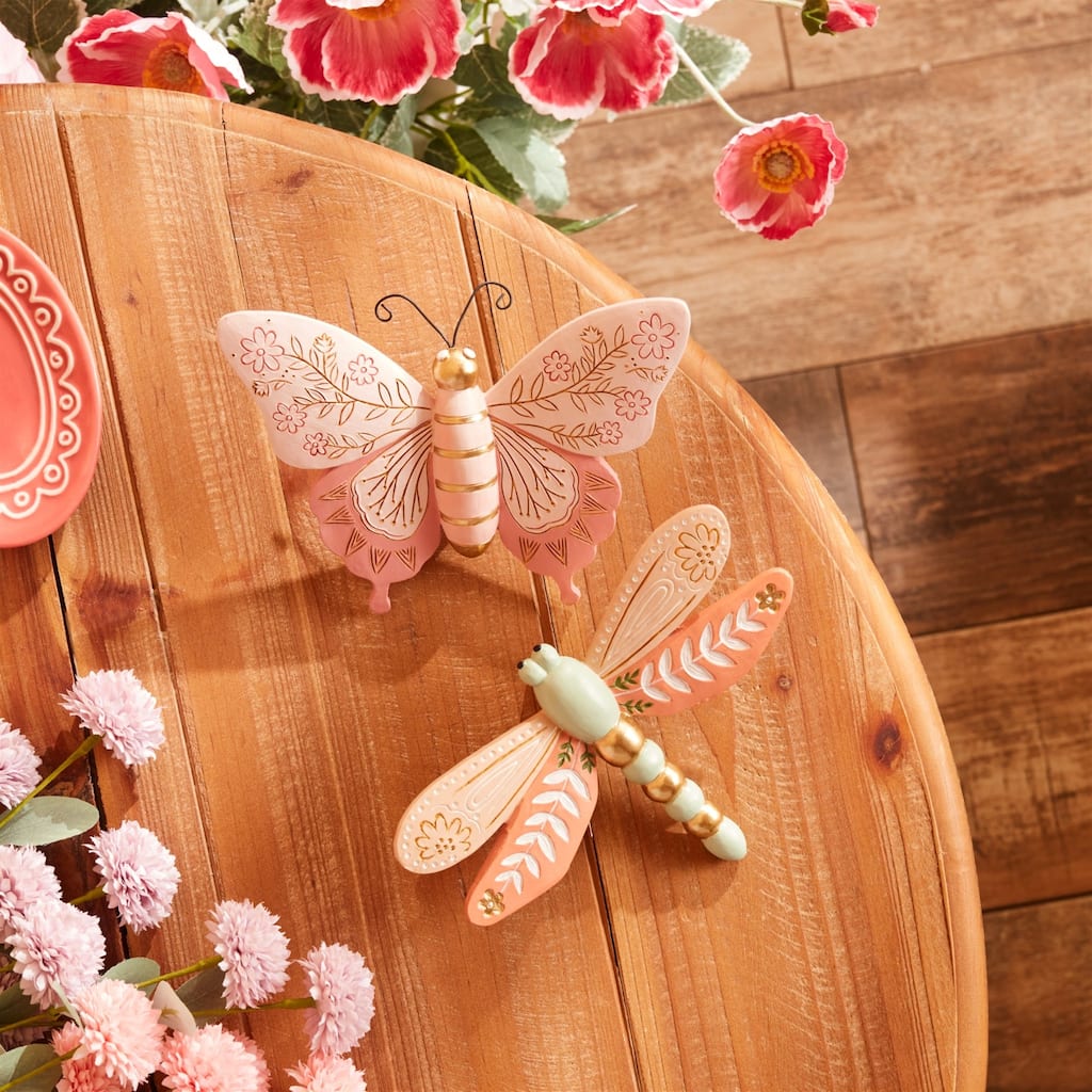 Floral Butterfly and Dragonfly Shelf Sitters - 6.5" - Pink and Green- Set of 4
