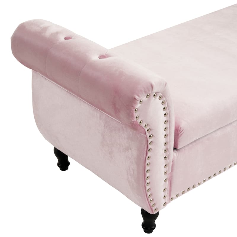 51.25" Velvet Storage Ottoman Bench with Rolled Arms and Wood Legs