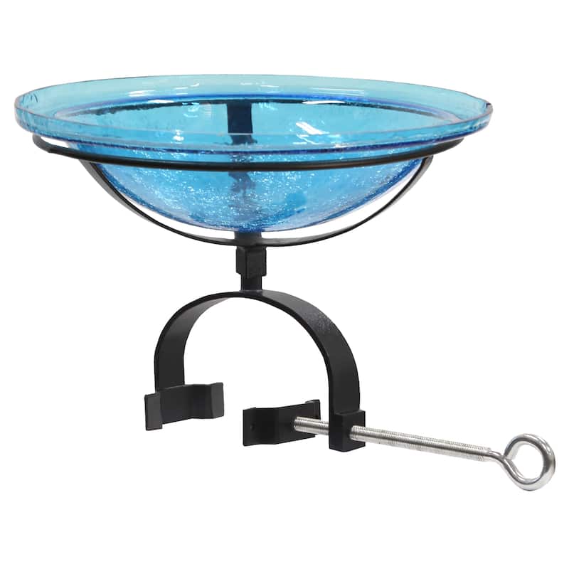 Achla Designs 12.5"Dia. Round Crackle Glass Birdbath w/Black Wrought Iron Over Rail Bracket - Clear