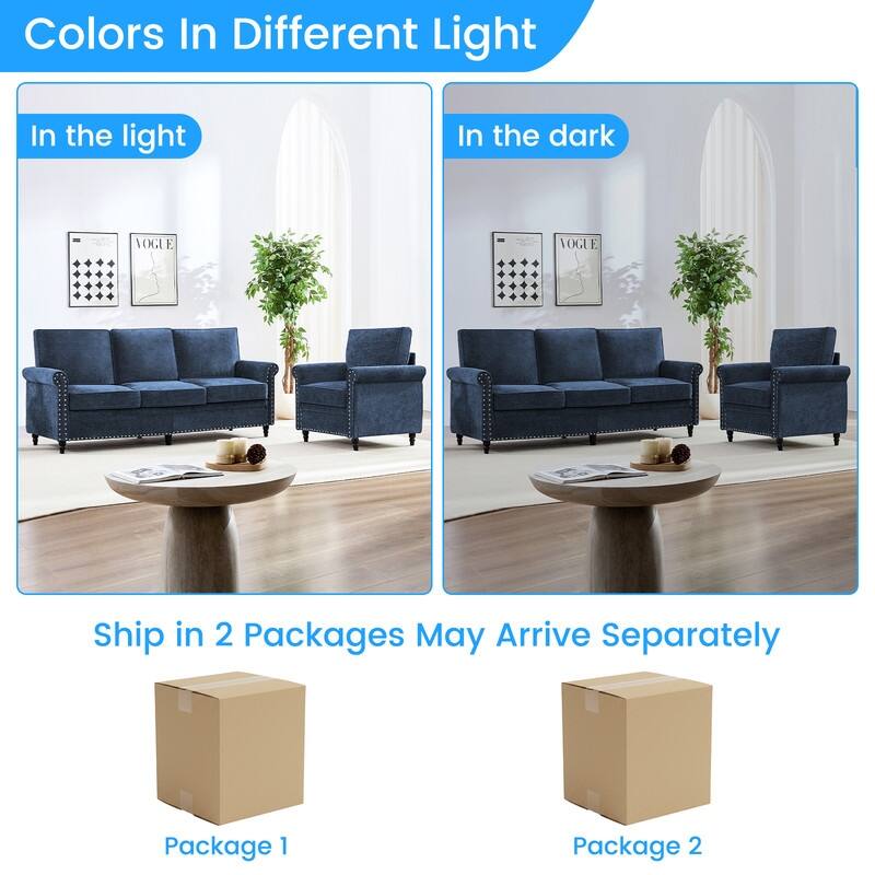 Mixoy Chenille Fabric 3-Seater Sofa Couch with Single Sofa Chair with Rivet Design,Solid Wood Gourd Legs for Living Room - 3+1