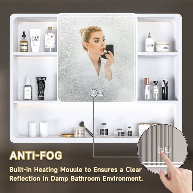 Bathroom Mirror Cabinet with LED Lights & Defogging Function, Aluminium Medicine Cabinet with Storage Rack & Hair Dryer Holder