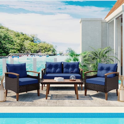 4-Piece Garden Furniture, Patio Seating Set, PE Rattan Outdoor Sofa Set, Wood Table & Legs, Brown & Blue