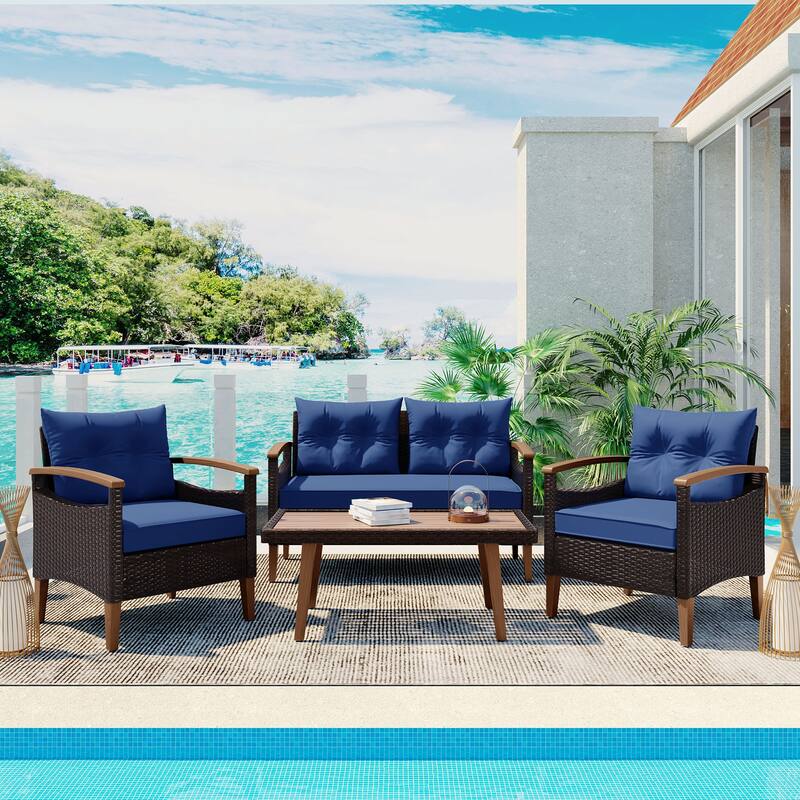 4-Piece Garden Furniture, Patio Seating Set, PE Rattan Outdoor Sofa Set, Wood Table and Legs, Water-Resistant - Blue