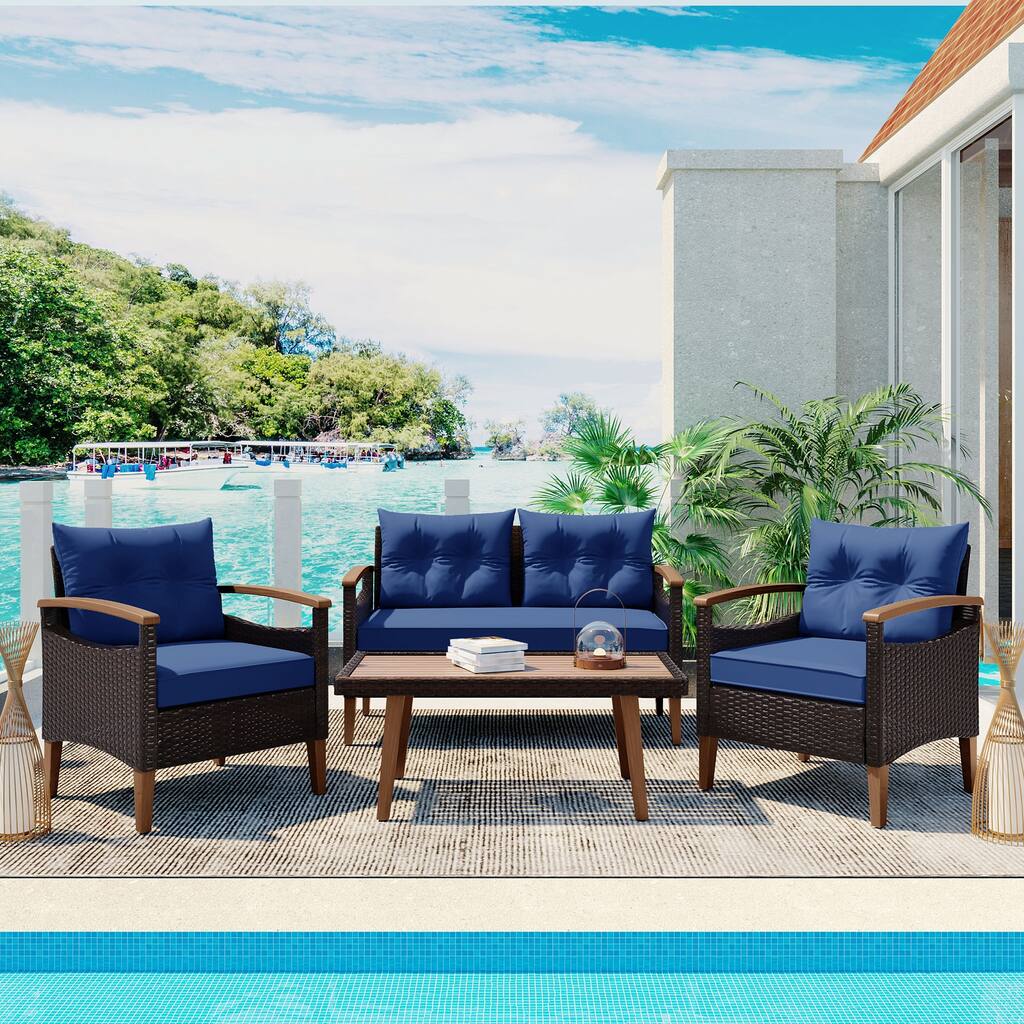 4-Piece Garden Furniture, Patio Seating Set, PE Rattan Outdoor Sofa Set, Wood Table and Legs, Water-Resistant