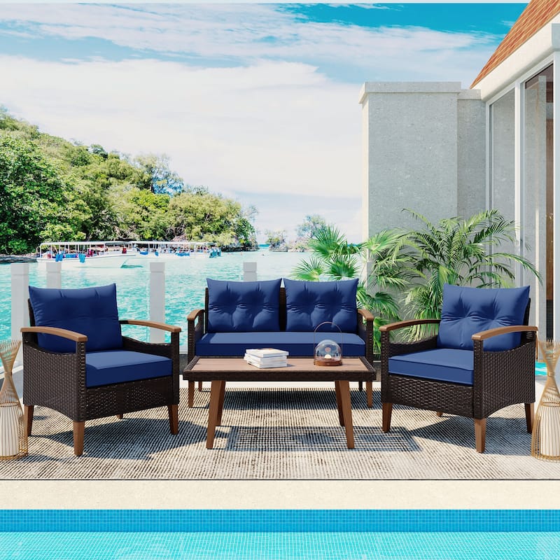4-Piece Patio Seating Set with Wood Table - Blue