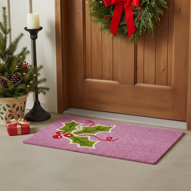 HomeRoots 24" X 36" Pink Green And Red Christmas Outdoor Coir Door Mat - 24.00' X '36.00 - 24.00' X '36.00