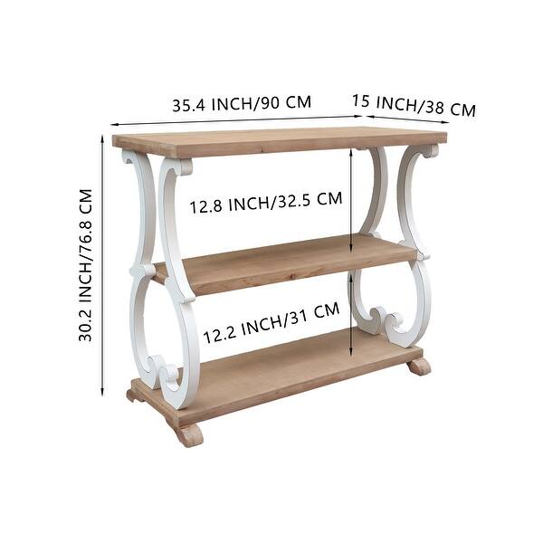 3 Tier Wood Console Table with Curved Legs, Brown and White, 35.4" L x 15" D x 30.2" H - 35.4" x 15" x 30.2"