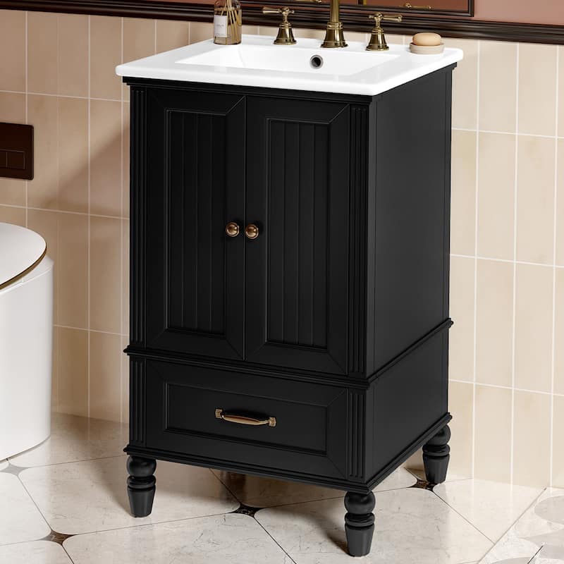 20" Bathroom Vanity with Sink, Bathroom Cabinet with Two Doors, Magnetic Door Stopper and Adiustable Foot Pads, A Drawer - Black