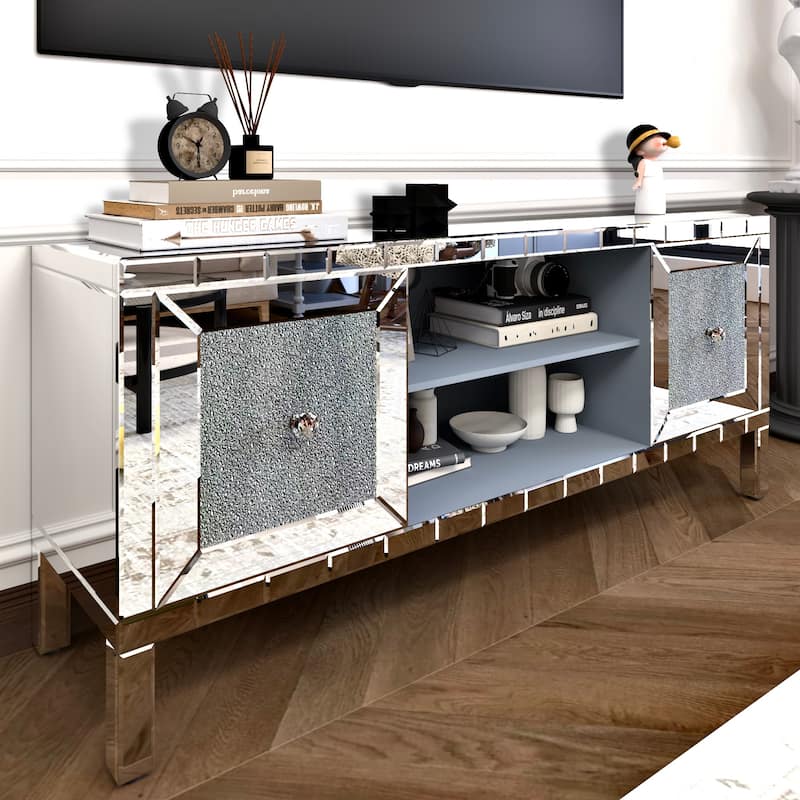 Mirrored TV Stand, Media Entertainment Center, Console Table with Crushed Diamond Glass Doors and Adjustable Shelves