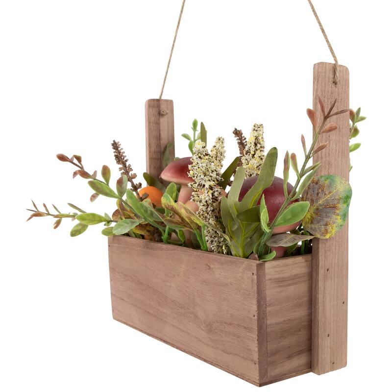 Mushroom and Foliage Wooden Box Artificial Fall Harvest Hanging Arrangement - 19"