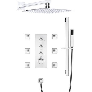 12" In Wall Rainfall 3 Way Thermostatic Shower System w/ Slide Bar, 6 Jets