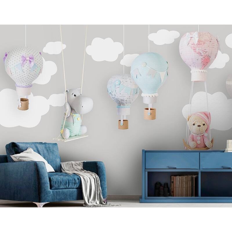 GK Wall Design Teddy Bear Child Map Hot Air Balloon Removable Wallpaper