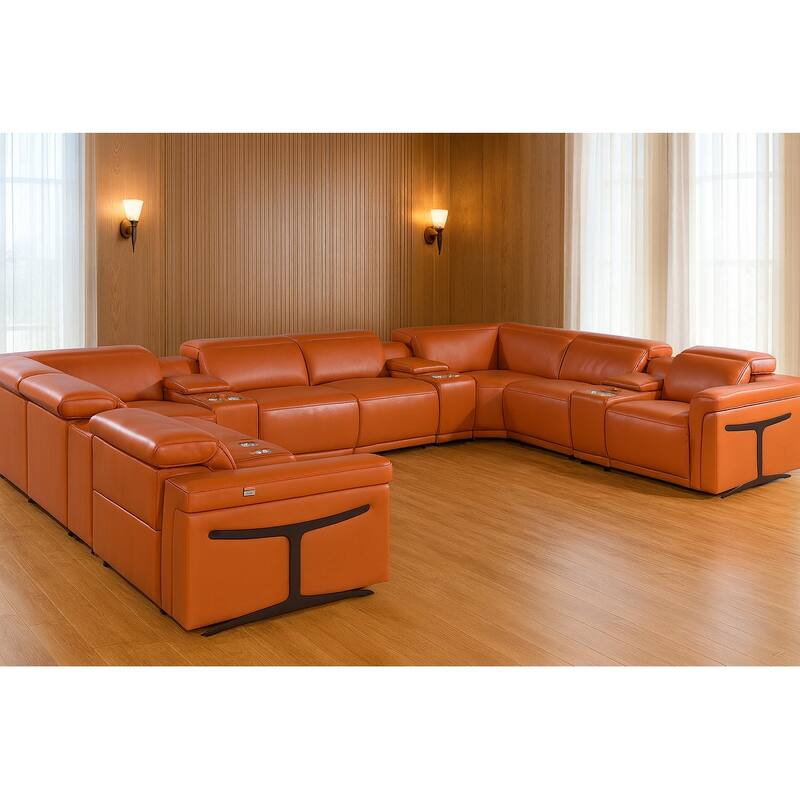 HomeRoots Camel Italian Leather Power Reclining U Shaped Twelve Piece Sectional With Console - Symmetrical - Camel