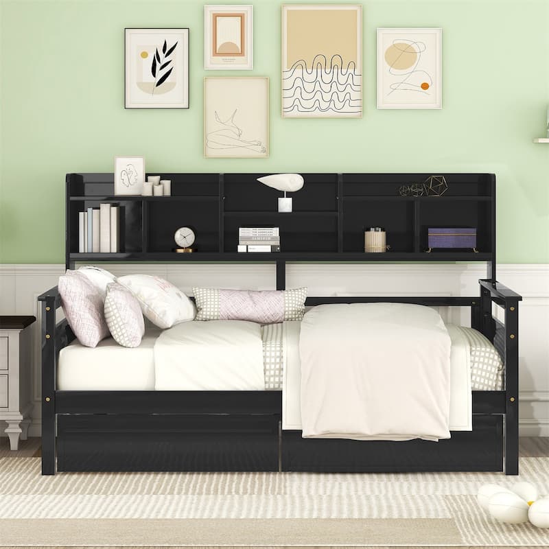 Twin/Full size Daybed with Shelves and Two Drawers